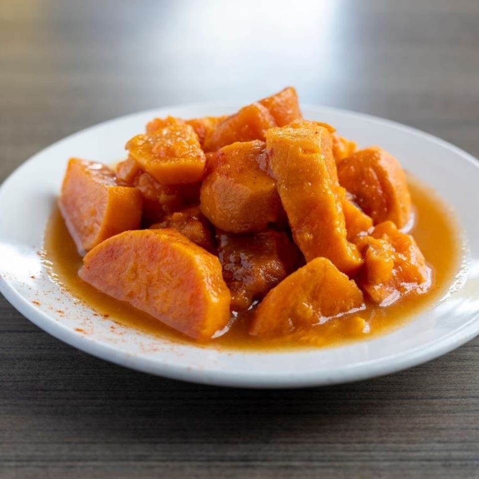 A white plate filled with glistening candied yams in a sweet syrup, sprinkled with cinnamon.