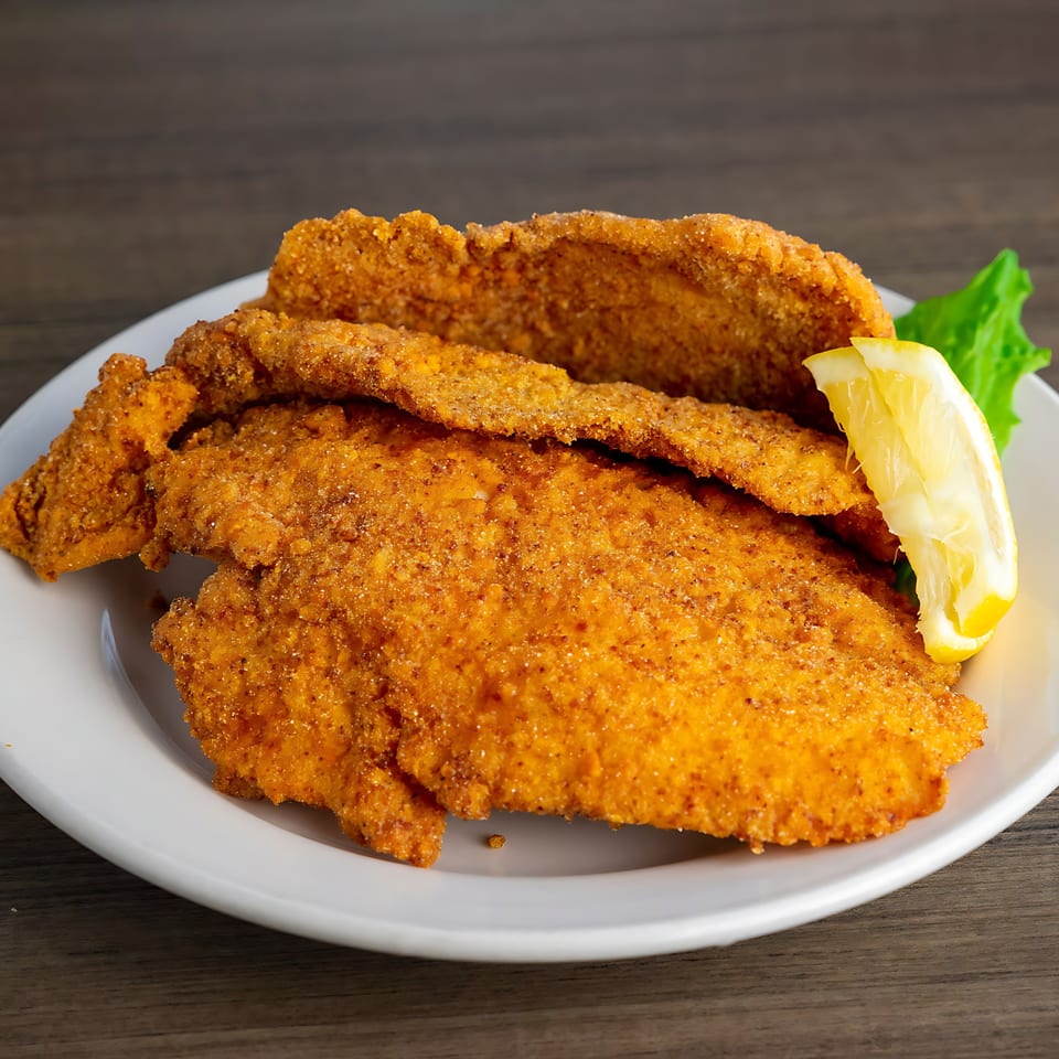 Shantell's crispy fried fish fillets with a lemon wedge and lettuce on a white plate.