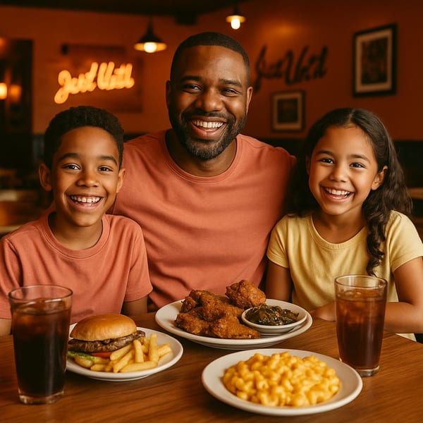 A family of three smiling at the camera, with soul food dishes on the table at Shantell's.